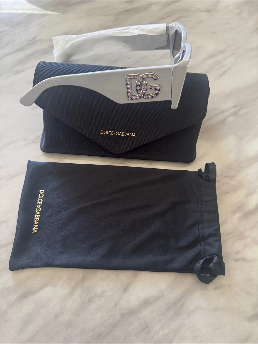 Dolce & Gabbana White Crystal-Embellished Rectangle Sunglasses
